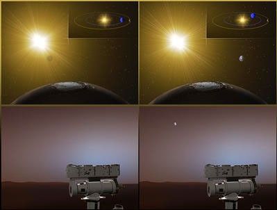 Though Earthlings will be able to get a good look at Mars during close approach, NASA's two rovers on Mars will not be able to see Earth. That's because at the moment, Earth is on the daytime side of Mars. As shown in the top half of this artist's rendering, when it's nighttime on Earth, it's daytime on Mars. After Earth passes Mars, the rovers will be able to see the sunlit side of Earth again just before dawn. The bottom half of this illustration shows what the rovers would see if they looked toward Earth.