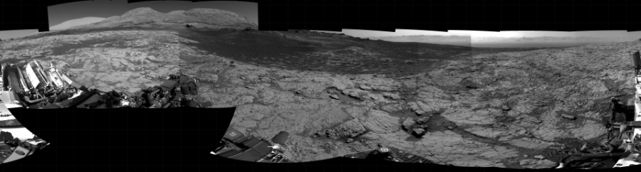 NASA's Mars rover Curiosity took 21 images in Gale Crater using its mast-mounted Right Navigation Camera (Navcam) to create this mosaic. The seam-corrected mosaic provides a 360-degree cylindrical projection panorama of the Martian surface centered at 238 degrees azimuth (measured clockwise from north). Curiosity took the images on June 02, 2021, Sol 3136 of the Mars Science Laboratory mission at drive 804, site number 88. The local mean solar time for the image exposures was from 2 PM to 3 PM. Each Navcam image has a 45 degree field of view. CREDIT: NASA/JPL-Caltech