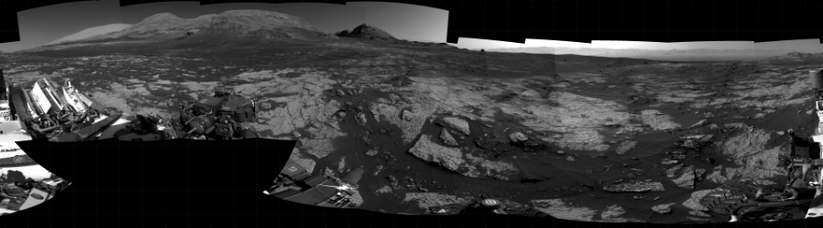NASA's Mars rover Curiosity took 24 images in Gale Crater using its mast-mounted Right Navigation Camera (Navcam) to create this mosaic. The seam-corrected mosaic provides a 360-degree cylindrical projection panorama of the Martian surface centered at 238 degrees azimuth (measured clockwise from north). Curiosity took the images on June 07, 2021, Sol 3140 of the Mars Science Laboratory mission at drive 1734, site number 88. The local mean solar time for the image exposures was 3 PM. Each Navcam image has a 45 degree field of view. CREDIT: NASA/JPL-Caltech