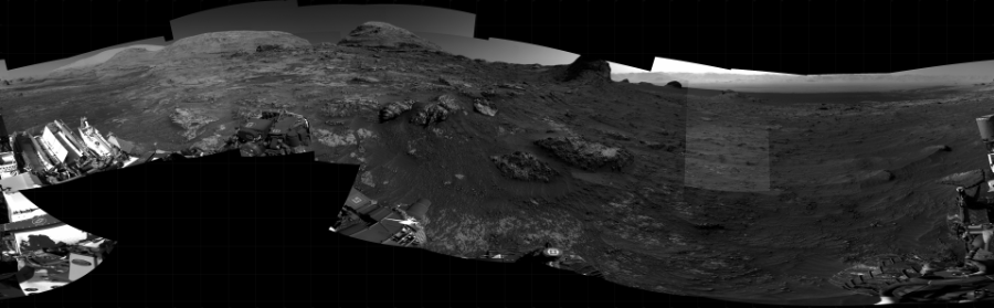 NASA's Mars rover Curiosity took 22 images in Gale Crater using its mast-mounted Right Navigation Camera (Navcam) to create this mosaic. The seam-corrected mosaic provides a 360-degree cylindrical projection panorama of the Martian surface centered at 237 degrees azimuth (measured clockwise from north). Curiosity took the images on June 28, 2021, Sol 3161 of the Mars Science Laboratory mission at drive 1862, site number 89. The local mean solar time for the image exposures was 3 PM. Each Navcam image has a 45 degree field of view. CREDIT: NASA/JPL-Caltech