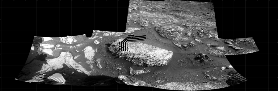 NASA's Mars rover Curiosity took 9 images in Gale Crater using its mast-mounted Right Navigation Camera (Navcam) to create this mosaic. The seam-corrected mosaic provides a 240-degree cylindrical projection panorama of the Martian surface centered at 208 degrees azimuth (measured clockwise from north). Curiosity took the images on July 02, 2021, Sol 3165 of the Mars Science Laboratory mission at drive 1992, site number 89. The local mean solar time for the image exposures was 3 PM. Each Navcam image has a 45 degree field of view. CREDIT: NASA/JPL-Caltech