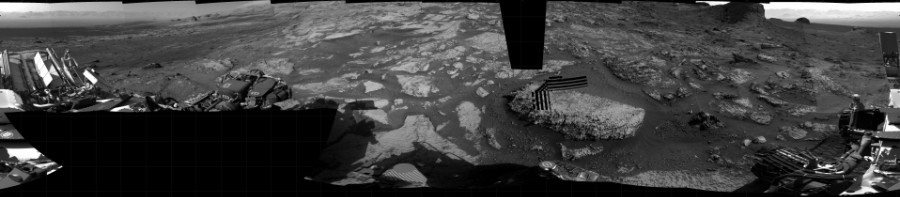 NASA's Mars rover Curiosity took 19 images in Gale Crater using its mast-mounted Right Navigation Camera (Navcam) to create this mosaic. The seam-corrected mosaic provides a 360-degree cylindrical projection panorama of the Martian surface centered at 162 degrees azimuth (measured clockwise from north). Curiosity took the images on July 02, 2021, Sol 3165 of the Mars Science Laboratory mission at drive 1992, site number 89. The local mean solar time for the image exposures was 3 PM. Each Navcam image has a 45 degree field of view. CREDIT: NASA/JPL-Caltech