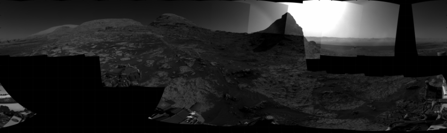NASA's Mars rover Curiosity took 23 images in Gale Crater using its mast-mounted Right Navigation Camera (Navcam) to create this mosaic. The seam-corrected mosaic provides a 360-degree cylindrical projection panorama of the Martian surface centered at 233 degrees azimuth (measured clockwise from north). Curiosity took the images on July 23, 2021, Sol 3185 of the Mars Science Laboratory mission at drive 2380, site number 89. The local mean solar time for the image exposures was 3 PM. Each Navcam image has a 45 degree field of view. CREDIT: NASA/JPL-Caltech