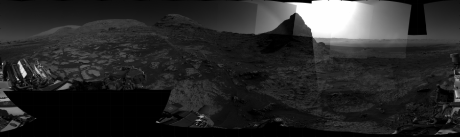 NASA's Mars rover Curiosity took 30 images in Gale Crater using its mast-mounted Right Navigation Camera (Navcam) to create this mosaic. The seam-corrected mosaic provides a 360-degree cylindrical projection panorama of the Martian surface centered at 233 degrees azimuth (measured clockwise from north). Curiosity took the images on July 23, 2021, Sol 3185 of the Mars Science Laboratory mission at drive 2380, site number 89. The local mean solar time for the image exposures was 3 PM. Each Navcam image has a 45 degree field of view. CREDIT: NASA/JPL-Caltech