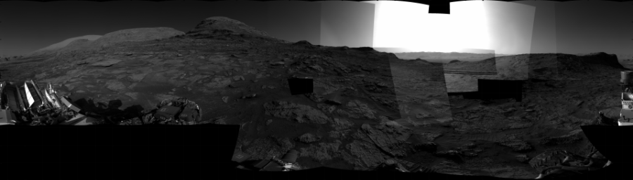 NASA's Mars rover Curiosity took 27 images in Gale Crater using its mast-mounted Right Navigation Camera (Navcam) to create this mosaic. The seam-corrected mosaic provides a 360-degree cylindrical projection panorama of the Martian surface centered at 236 degrees azimuth (measured clockwise from north). Curiosity took the images on July 28, 2021, Sol 3190 of the Mars Science Laboratory mission at drive 0, site number 90. The local mean solar time for the image exposures was from 3 PM to 4 PM. Each Navcam image has a 45 degree field of view. CREDIT: NASA/JPL-Caltech