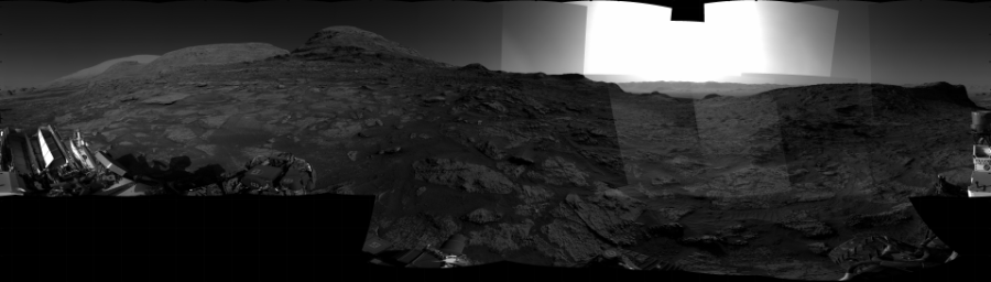 NASA's Mars rover Curiosity took 29 images in Gale Crater using its mast-mounted Right Navigation Camera (Navcam) to create this mosaic. The seam-corrected mosaic provides a 360-degree cylindrical projection panorama of the Martian surface centered at 236 degrees azimuth (measured clockwise from north). Curiosity took the images on July 28, 2021, Sol 3190 of the Mars Science Laboratory mission at drive 0, site number 90. The local mean solar time for the image exposures was from 3 PM to 4 PM. Each Navcam image has a 45 degree field of view. CREDIT: NASA/JPL-Caltech