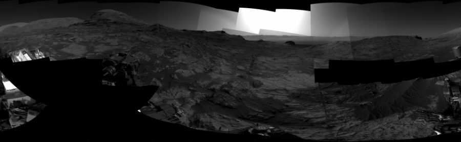 NASA's Mars rover Curiosity took 24 images in Gale Crater using its mast-mounted Right Navigation Camera (Navcam) to create this mosaic. The seam-corrected mosaic provides a 360-degree cylindrical projection panorama of the Martian surface centered at 272 degrees azimuth (measured clockwise from north). Curiosity took the images on July 30, 2021, Sol 3192 of the Mars Science Laboratory mission at drive 232, site number 90. The local mean solar time for the image exposures was from 3 PM to 4 PM. Each Navcam image has a 45 degree field of view. CREDIT: NASA/JPL-Caltech