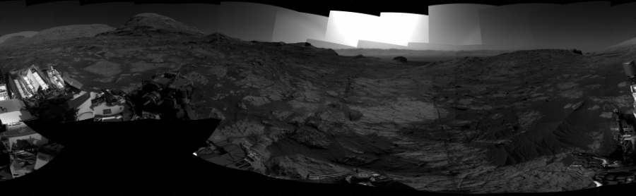 NASA's Mars rover Curiosity took 31 images in Gale Crater using its mast-mounted Right Navigation Camera (Navcam) to create this mosaic. The seam-corrected mosaic provides a 360-degree cylindrical projection panorama of the Martian surface centered at 272 degrees azimuth (measured clockwise from north). Curiosity took the images on July 30, 2021, Sol 3192 of the Mars Science Laboratory mission at drive 232, site number 90. The local mean solar time for the image exposures was from 3 PM to 4 PM. Each Navcam image has a 45 degree field of view. CREDIT: NASA/JPL-Caltech