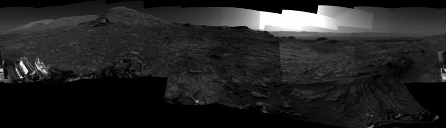 NASA's Mars rover Curiosity took 29 images in Gale Crater using its mast-mounted Right Navigation Camera (Navcam) to create this mosaic. The seam-corrected mosaic provides a 360-degree cylindrical projection panorama of the Martian surface centered at 249 degrees azimuth (measured clockwise from north). Curiosity took the images on August 04, 2021, Sol 3197 of the Mars Science Laboratory mission at drive 772, site number 90. The local mean solar time for the image exposures was 3 PM. Each Navcam image has a 45 degree field of view. CREDIT: NASA/JPL-Caltech