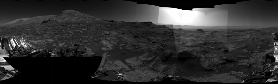 NASA's Mars rover Curiosity took 31 images in Gale Crater using its mast-mounted Right Navigation Camera (Navcam) to create this mosaic. The seam-corrected mosaic provides a 360-degree cylindrical projection panorama of the Martian surface centered at 253 degrees azimuth (measured clockwise from north). Curiosity took the images on August 06, 2021, Sol 3199 of the Mars Science Laboratory mission at drive 892, site number 90. The local mean solar time for the image exposures was from 2 PM to 3 PM. Each Navcam image has a 45 degree field of view. CREDIT: NASA/JPL-Caltech