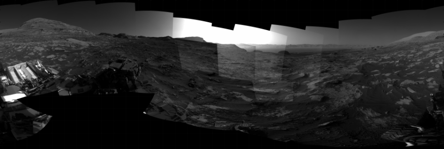 NASA's Mars rover Curiosity took 31 images in Gale Crater using its mast-mounted Right Navigation Camera (Navcam) to create this mosaic. The seam-corrected mosaic provides a 360-degree cylindrical projection panorama of the Martian surface centered at 298 degrees azimuth (measured clockwise from north). Curiosity took the images on August 11, 2021, Sol 3204 of the Mars Science Laboratory mission at drive 1708, site number 90. The local mean solar time for the image exposures was 4 PM. Each Navcam image has a 45 degree field of view. CREDIT: NASA/JPL-Caltech