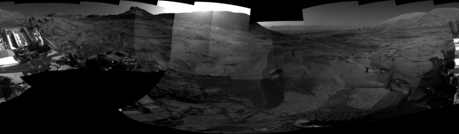 NASA's Mars rover Curiosity took 29 images in Gale Crater using its mast-mounted Right Navigation Camera (Navcam) to create this mosaic. The seam-corrected mosaic provides a 360-degree cylindrical projection panorama of the Martian surface centered at 320 degrees azimuth (measured clockwise from north). Curiosity took the images on September 25, 2021, Sol 3247 of the Mars Science Laboratory mission at drive 516, site number 91. The local mean solar time for the image exposures was 4 PM. Each Navcam image has a 45 degree field of view. CREDIT: NASA/JPL-Caltech
