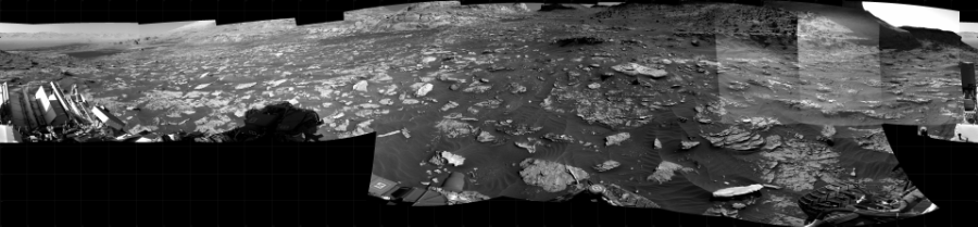 NASA's Mars rover Curiosity took 17 images in Gale Crater using its mast-mounted Right Navigation Camera (Navcam) to create this mosaic. The seam-corrected mosaic provides a 360-degree cylindrical projection panorama of the Martian surface centered at 190 degrees azimuth (measured clockwise from north). Curiosity took the images on October 27, 2021, Sol 3279 of the Mars Science Laboratory mission at drive 1298, site number 91. The local mean solar time for the image exposures was 3 PM. Each Navcam image has a 45 degree field of view. CREDIT: NASA/JPL-Caltech