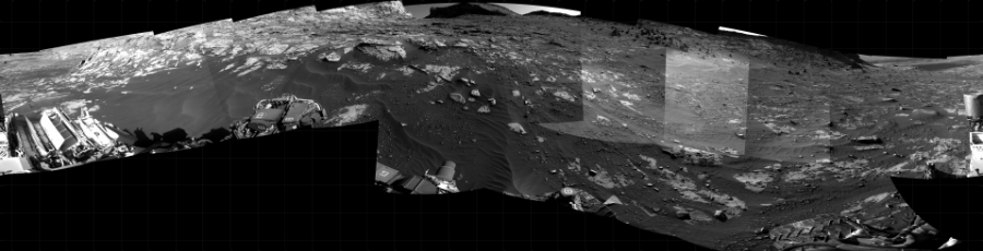 NASA's Mars rover Curiosity took 17 images in Gale Crater using its mast-mounted Right Navigation Camera (Navcam) to create this mosaic. The seam-corrected mosaic provides a 360-degree cylindrical projection panorama of the Martian surface centered at 236 degrees azimuth (measured clockwise from north). Curiosity took the images on November 01, 2021, Sol 3284 of the Mars Science Laboratory mission at drive 1904, site number 91. The local mean solar time for the image exposures was 3 PM. Each Navcam image has a 45 degree field of view. CREDIT: NASA/JPL-Caltech