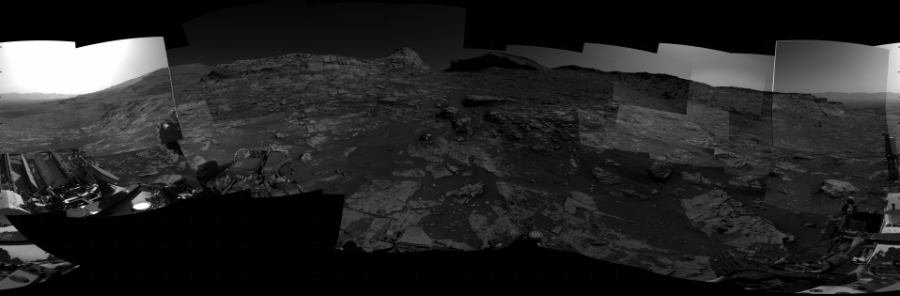 NASA's Mars rover Curiosity took 46 images in Gale Crater using its mast-mounted Right Navigation Camera (Navcam) to create this mosaic. The seam-corrected mosaic provides a 360-degree cylindrical projection panorama of the Martian surface centered at 213 degrees azimuth (measured clockwise from north). Curiosity took the images on November 17, 2021, Sols 3299-3286 of the Mars Science Laboratory mission at drive 2132, site number 91. The local mean solar time for the image exposures was from 8 AM to 3 PM. Each Navcam image has a 45 degree field of view. CREDIT: NASA/JPL-Caltech