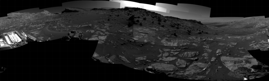 NASA's Mars rover Curiosity took 23 images in Gale Crater using its mast-mounted Right Navigation Camera (Navcam) to create this mosaic. The seam-corrected mosaic provides a 360-degree cylindrical projection panorama of the Martian surface centered at 290 degrees azimuth (measured clockwise from north). Curiosity took the images on November 30, 2021, Sol 3312 of the Mars Science Laboratory mission at drive 2442, site number 91. The local mean solar time for the image exposures was 2 PM. Each Navcam image has a 45 degree field of view. CREDIT: NASA/JPL-Caltech