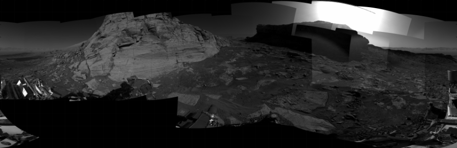 NASA's Mars rover Curiosity took 31 images in Gale Crater using its mast-mounted Right Navigation Camera (Navcam) to create this mosaic. The seam-corrected mosaic provides a 360-degree cylindrical projection panorama of the Martian surface centered at 199 degrees azimuth (measured clockwise from north). Curiosity took the images on December 07, 2021, Sol 3319 of the Mars Science Laboratory mission at drive 3204, site number 91. The local mean solar time for the image exposures was 3 PM. Each Navcam image has a 45 degree field of view. CREDIT: NASA/JPL-Caltech