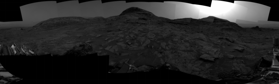 NASA's Mars rover Curiosity took 29 images in Gale Crater using its mast-mounted Right Navigation Camera (Navcam) to create this mosaic. The seam-corrected mosaic provides a 360-degree cylindrical projection panorama of the Martian surface centered at 193 degrees azimuth (measured clockwise from north). Curiosity took the images on January 07, 2022, Sol 3349 of the Mars Science Laboratory mission at drive 1962, site number 92. The local mean solar time for the image exposures was from 2 PM to 3 PM. Each Navcam image has a 45 degree field of view. CREDIT: NASA/JPL-Caltech