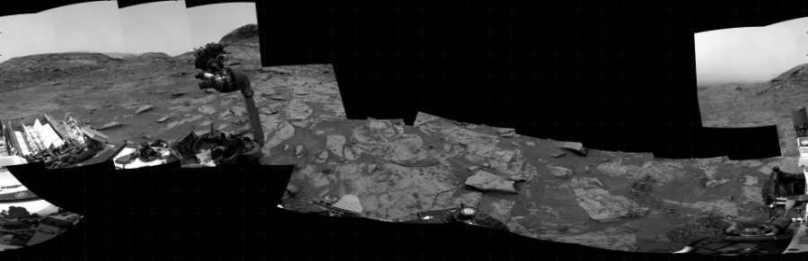 NASA's Mars rover Curiosity took 17 images in Gale Crater using its mast-mounted Right Navigation Camera (Navcam) to create this mosaic. The seam-corrected mosaic provides a 360-degree cylindrical projection panorama of the Martian surface centered at 252 degrees azimuth (measured clockwise from north). Curiosity took the images on January 09, 2022, Sol 3351 of the Mars Science Laboratory mission at drive 2002, site number 92. The local mean solar time for the image exposures was 1 PM. Each Navcam image has a 45 degree field of view. CREDIT: NASA/JPL-Caltech