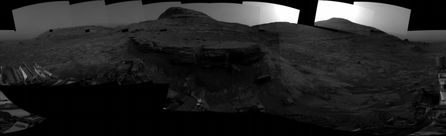 NASA's Mars rover Curiosity took 29 images in Gale Crater using its mast-mounted Right Navigation Camera (Navcam) to create this mosaic. The seam-corrected mosaic provides a 360-degree cylindrical projection panorama of the Martian surface centered at 209 degrees azimuth (measured clockwise from north). Curiosity took the images on January 11, 2022, Sol 3353 of the Mars Science Laboratory mission at drive 2254, site number 92. The local mean solar time for the image exposures was from 3 PM to 4 PM. Each Navcam image has a 45 degree field of view. CREDIT: NASA/JPL-Caltech