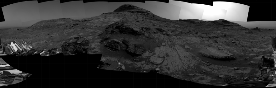 NASA's Mars rover Curiosity took 29 images in Gale Crater using its mast-mounted Right Navigation Camera (Navcam) to create this mosaic. The seam-corrected mosaic provides a 360-degree cylindrical projection panorama of the Martian surface centered at 196 degrees azimuth (measured clockwise from north). Curiosity took the images on January 18, 2022, Sol 3359 of the Mars Science Laboratory mission at drive 2650, site number 92. The local mean solar time for the image exposures was 2 PM. Each Navcam image has a 45 degree field of view. CREDIT: NASA/JPL-Caltech