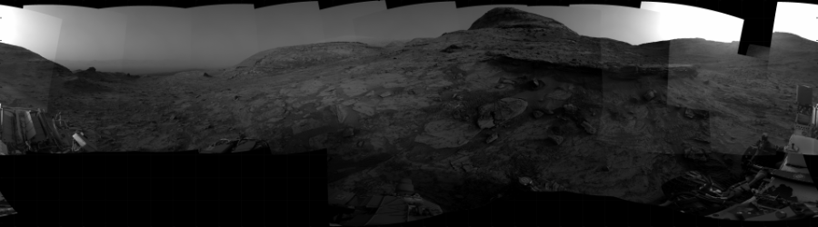 NASA's Mars rover Curiosity took 30 images in Gale Crater using its mast-mounted Right Navigation Camera (Navcam) to create this mosaic. The seam-corrected mosaic provides a 360-degree cylindrical projection panorama of the Martian surface centered at 134 degrees azimuth (measured clockwise from north). Curiosity took the images on January 28, 2022, Sol 3369 of the Mars Science Laboratory mission at drive 3072, site number 92. The local mean solar time for the image exposures was 4 PM. Each Navcam image has a 45 degree field of view. CREDIT: NASA/JPL-Caltech