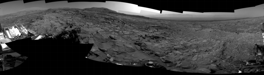 NASA's Mars rover Curiosity took 27 images in Gale Crater using its mast-mounted Right Navigation Camera (Navcam) to create this mosaic. The seam-corrected mosaic provides a 360-degree cylindrical projection panorama of the Martian surface centered at 242 degrees azimuth (measured clockwise from north). Curiosity took the images on March 16, 2022, Sol 3415 of the Mars Science Laboratory mission at drive 3078, site number 93. The local mean solar time for the image exposures was 2 PM. Each Navcam image has a 45 degree field of view. CREDIT: NASA/JPL-Caltech