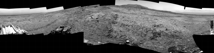 NASA's Mars rover Curiosity took 20 images in Gale Crater using its mast-mounted Right Navigation Camera (Navcam) to create this mosaic. The seam-corrected mosaic provides a 360-degree cylindrical projection panorama of the Martian surface centered at 150 degrees azimuth (measured clockwise from north). Curiosity took the images on March 21, 2022, Sol 3420 of the Mars Science Laboratory mission at drive 3408, site number 93. The local mean solar time for the image exposures was 12 PM. Each Navcam image has a 45 degree field of view. CREDIT: NASA/JPL-Caltech