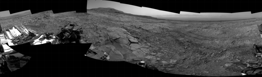 NASA's Mars rover Curiosity took 21 images in Gale Crater using its mast-mounted Right Navigation Camera (Navcam) to create this mosaic. The seam-corrected mosaic provides a 360-degree cylindrical projection panorama of the Martian surface centered at 229 degrees azimuth (measured clockwise from north). Curiosity took the images on March 25, 2022, Sol 3424 of the Mars Science Laboratory mission at drive 0, site number 94. The local mean solar time for the image exposures was 1 PM. Each Navcam image has a 45 degree field of view. CREDIT: NASA/JPL-Caltech