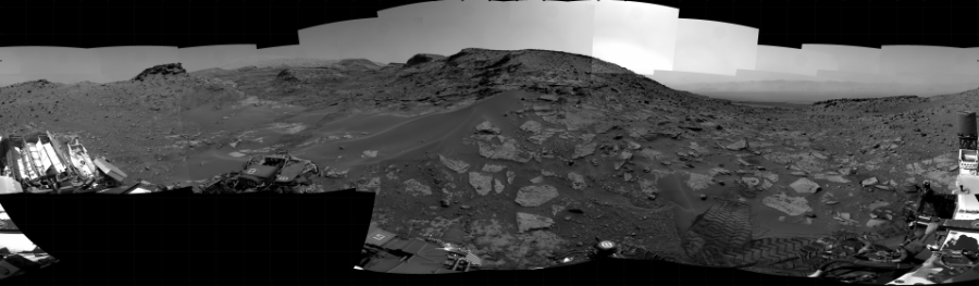NASA's Mars rover Curiosity took 31 images in Gale Crater using its mast-mounted Right Navigation Camera (Navcam) to create this mosaic. The seam-corrected mosaic provides a 360-degree cylindrical projection panorama of the Martian surface centered at 190 degrees azimuth (measured clockwise from north). Curiosity took the images on April 25, 2022, Sol 3454 of the Mars Science Laboratory mission at drive 1418, site number 94. The local mean solar time for the image exposures was 1 PM. Each Navcam image has a 45 degree field of view. CREDIT: NASA/JPL-Caltech