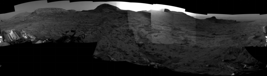 NASA's Mars rover Curiosity took 24 images in Gale Crater using its mast-mounted Right Navigation Camera (Navcam) to create this mosaic. The seam-corrected mosaic provides a 360-degree cylindrical projection panorama of the Martian surface centered at 225 degrees azimuth (measured clockwise from north). Curiosity took the images on May 03, 2022, Sol 3462 of the Mars Science Laboratory mission at drive 2636, site number 94. The local mean solar time for the image exposures was 4 PM. Each Navcam image has a 45 degree field of view. CREDIT: NASA/JPL-Caltech