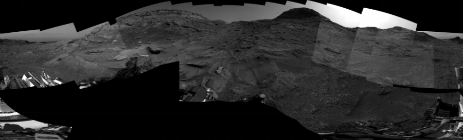 NASA's Mars rover Curiosity took 26 images in Gale Crater using its mast-mounted Right Navigation Camera (Navcam) to create this mosaic. The seam-corrected mosaic provides a 360-degree cylindrical projection panorama of the Martian surface centered at 152 degrees azimuth (measured clockwise from north). Curiosity took the images on May 04, 2022, Sol 3463 of the Mars Science Laboratory mission at drive 3086, site number 94. The local mean solar time for the image exposures was from 2 PM to 3 PM. Each Navcam image has a 45 degree field of view. CREDIT: NASA/JPL-Caltech