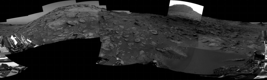 NASA's Mars rover Curiosity took 21 images in Gale Crater using its mast-mounted Right Navigation Camera (Navcam) to create this mosaic. The seam-corrected mosaic provides a 360-degree cylindrical projection panorama of the Martian surface centered at 157 degrees azimuth (measured clockwise from north). Curiosity took the images on May 06, 2022, Sol 3465 of the Mars Science Laboratory mission at drive 3386, site number 94. The local mean solar time for the image exposures was from 1 PM to 3 PM. Each Navcam image has a 45 degree field of view. CREDIT: NASA/JPL-Caltech