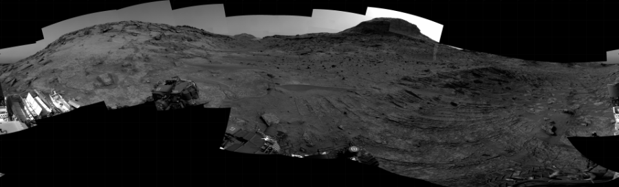 NASA's Mars rover Curiosity took 25 images in Gale Crater using its mast-mounted Right Navigation Camera (Navcam) to create this mosaic. The seam-corrected mosaic provides a 360-degree cylindrical projection panorama of the Martian surface centered at 179 degrees azimuth (measured clockwise from north). Curiosity took the images on May 08, 2022, Sol 3467 of the Mars Science Laboratory mission at drive 0, site number 95. The local mean solar time for the image exposures was 2 PM. Each Navcam image has a 45 degree field of view. CREDIT: NASA/JPL-Caltech