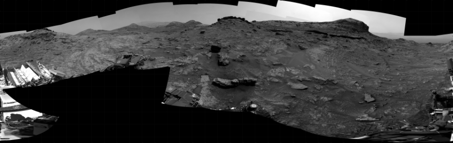 NASA's Mars rover Curiosity took 26 images in Gale Crater using its mast-mounted Right Navigation Camera (Navcam) to create this mosaic. The seam-corrected mosaic provides a 360-degree cylindrical projection panorama of the Martian surface centered at 167 degrees azimuth (measured clockwise from north). Curiosity took the images on May 14, 2022, Sol 3472 of the Mars Science Laboratory mission at drive 638, site number 95. The local mean solar time for the image exposures was 1 PM. Each Navcam image has a 45 degree field of view. CREDIT: NASA/JPL-Caltech