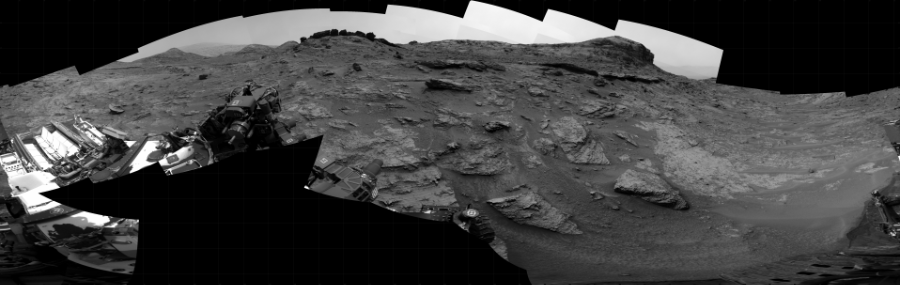 NASA's Mars rover Curiosity took 26 images in Gale Crater using its mast-mounted Right Navigation Camera (Navcam) to create this mosaic. The seam-corrected mosaic provides a 360-degree cylindrical projection panorama of the Martian surface centered at 203 degrees azimuth (measured clockwise from north). Curiosity took the images on May 16, 2022, Sol 3474 of the Mars Science Laboratory mission at drive 732, site number 95. The local mean solar time for the image exposures was from 1 PM to 12 PM. Each Navcam image has a 45 degree field of view. CREDIT: NASA/JPL-Caltech