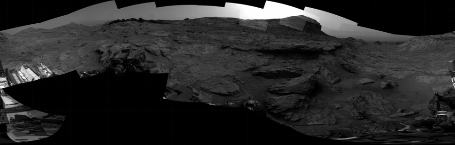 NASA's Mars rover Curiosity took 26 images in Gale Crater using its mast-mounted Right Navigation Camera (Navcam) to create this mosaic. The seam-corrected mosaic provides a 360-degree cylindrical projection panorama of the Martian surface centered at 214 degrees azimuth (measured clockwise from north). Curiosity took the images on May 18, 2022, Sol 3476 of the Mars Science Laboratory mission at drive 930, site number 95. The local mean solar time for the image exposures was 2 PM. Each Navcam image has a 45 degree field of view. CREDIT: NASA/JPL-Caltech