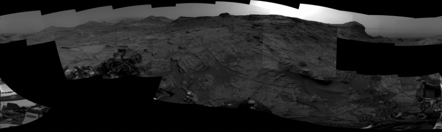NASA's Mars rover Curiosity took 26 images in Gale Crater using its mast-mounted Right Navigation Camera (Navcam) to create this mosaic. The seam-corrected mosaic provides a 360-degree cylindrical projection panorama of the Martian surface centered at 190 degrees azimuth (measured clockwise from north). Curiosity took the images on May 23, 2022, Sol 3481 of the Mars Science Laboratory mission at drive 1408, site number 95. The local mean solar time for the image exposures was 3 PM. Each Navcam image has a 45 degree field of view. CREDIT: NASA/JPL-Caltech