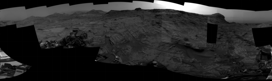 NASA's Mars rover Curiosity took 27 images in Gale Crater using its mast-mounted Right Navigation Camera (Navcam) to create this mosaic. The seam-corrected mosaic provides a 360-degree cylindrical projection panorama of the Martian surface centered at 190 degrees azimuth (measured clockwise from north). Curiosity took the images on May 23, 2022, Sol 3481 of the Mars Science Laboratory mission at drive 1408, site number 95. The local mean solar time for the image exposures was 3 PM. Each Navcam image has a 45 degree field of view. CREDIT: NASA/JPL-Caltech