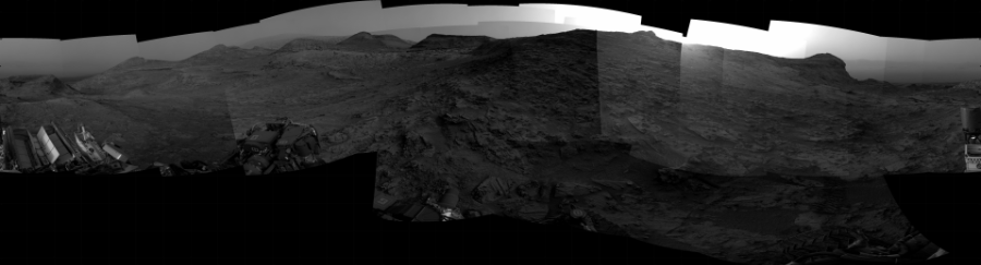 NASA's Mars rover Curiosity took 29 images in Gale Crater using its mast-mounted Right Navigation Camera (Navcam) to create this mosaic. The seam-corrected mosaic provides a 360-degree cylindrical projection panorama of the Martian surface centered at 180 degrees azimuth (measured clockwise from north). Curiosity took the images on May 25, 2022, Sol 3483 of the Mars Science Laboratory mission at drive 1670, site number 95. The local mean solar time for the image exposures was from 4 PM to 5 PM. Each Navcam image has a 45 degree field of view. CREDIT: NASA/JPL-Caltech