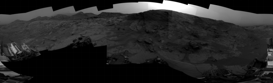 NASA's Mars rover Curiosity took 31 images in Gale Crater using its mast-mounted Right Navigation Camera (Navcam) to create this mosaic. The seam-corrected mosaic provides a 360-degree cylindrical projection panorama of the Martian surface centered at 202 degrees azimuth (measured clockwise from north). Curiosity took the images on May 27, 2022, Sol 3485 of the Mars Science Laboratory mission at drive 2054, site number 95. The local mean solar time for the image exposures was from 2 PM to 3 PM. Each Navcam image has a 45 degree field of view. CREDIT: NASA/JPL-Caltech