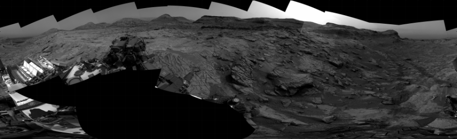 NASA's Mars rover Curiosity took 31 images in Gale Crater using its mast-mounted Right Navigation Camera (Navcam) to create this mosaic. The seam-corrected mosaic provides a 360-degree cylindrical projection panorama of the Martian surface centered at 181 degrees azimuth (measured clockwise from north). Curiosity took the images on May 31, 2022, Sol 3489 of the Mars Science Laboratory mission at drive 2388, site number 95. The local mean solar time for the image exposures was from 2 PM to 3 PM. Each Navcam image has a 45 degree field of view. CREDIT: NASA/JPL-Caltech