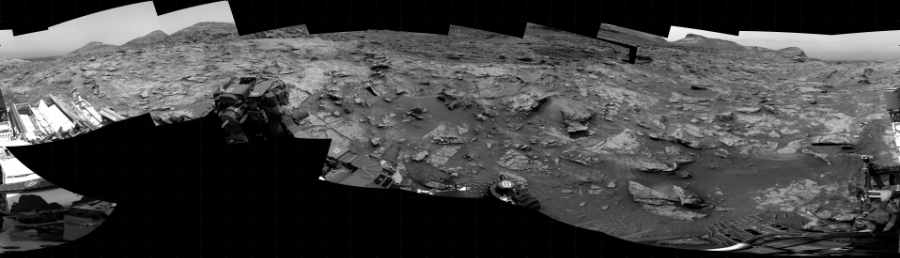 NASA's Mars rover Curiosity took 19 images in Gale Crater using its mast-mounted Right Navigation Camera (Navcam) to create this mosaic. The seam-corrected mosaic provides a 360-degree cylindrical projection panorama of the Martian surface centered at 180 degrees azimuth (measured clockwise from north). Curiosity took the images on June 15, 2022, Sol 3504 of the Mars Science Laboratory mission at drive 2944, site number 95. The local mean solar time for the image exposures was from 1 PM to 12 PM. Each Navcam image has a 45 degree field of view. CREDIT: NASA/JPL-Caltech