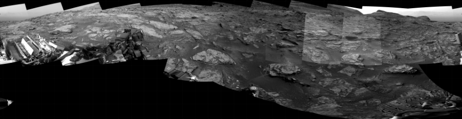 NASA's Mars rover Curiosity took 17 images in Gale Crater using its mast-mounted Right Navigation Camera (Navcam) to create this mosaic. The seam-corrected mosaic provides a 360-degree cylindrical projection panorama of the Martian surface centered at 168 degrees azimuth (measured clockwise from north). Curiosity took the images on July 12, 2022, Sol 3530 of the Mars Science Laboratory mission at drive 0, site number 96. The local mean solar time for the image exposures was 4 PM. Each Navcam image has a 45 degree field of view. CREDIT: NASA/JPL-Caltech