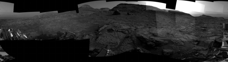 NASA's Mars rover Curiosity took 26 images in Gale Crater using its mast-mounted Right Navigation Camera (Navcam) to create this mosaic. The seam-corrected mosaic provides a 360-degree cylindrical projection panorama of the Martian surface centered at 152 degrees azimuth (measured clockwise from north). Curiosity took the images on July 13, 2022, Sol 3531 of the Mars Science Laboratory mission at drive 324, site number 96. The local mean solar time for the image exposures was 4 PM. Each Navcam image has a 45 degree field of view. CREDIT: NASA/JPL-Caltech