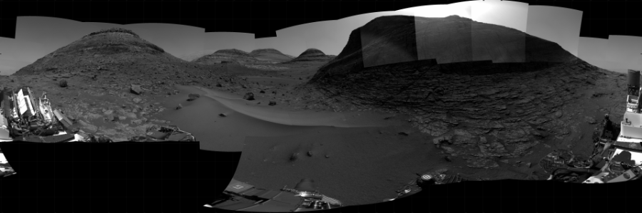 NASA's Mars rover Curiosity took 31 images in Gale Crater using its mast-mounted Right Navigation Camera (Navcam) to create this mosaic. The seam-corrected mosaic provides a 360-degree cylindrical projection panorama of the Martian surface centered at 169 degrees azimuth (measured clockwise from north). Curiosity took the images on August 15, 2022, Sol 3563 of the Mars Science Laboratory mission at drive 2862, site number 96. The local mean solar time for the image exposures was 2 PM. Each Navcam image has a 45 degree field of view. CREDIT: NASA/JPL-Caltech