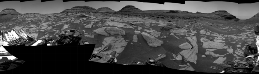 NASA's Mars rover Curiosity took 31 images in Gale Crater using its mast-mounted Right Navigation Camera (Navcam) to create this mosaic. The seam-corrected mosaic provides a 360-degree cylindrical projection panorama of the Martian surface centered at 172 degrees azimuth (measured clockwise from north). Curiosity took the images on August 28, 2022, Sol 3576 of the Mars Science Laboratory mission at drive 966, site number 97. The local mean solar time for the image exposures was from 1 PM to 2 PM. Each Navcam image has a 45 degree field of view. CREDIT: NASA/JPL-Caltech