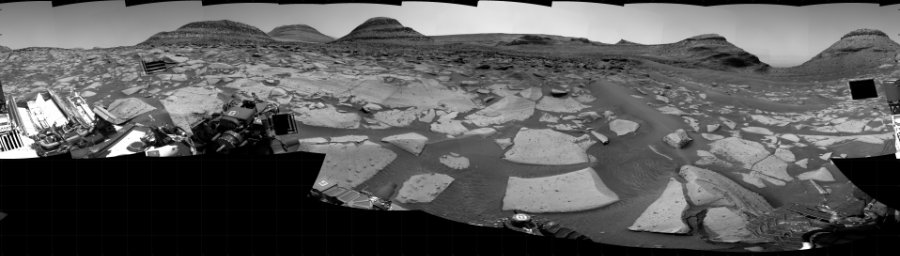 NASA's Mars rover Curiosity took 29 images in Gale Crater using its mast-mounted Right Navigation Camera (Navcam) to create this mosaic. The seam-corrected mosaic provides a 360-degree cylindrical projection panorama of the Martian surface centered at 199 degrees azimuth (measured clockwise from north). Curiosity took the images on September 01, 2022, Sol 3579 of the Mars Science Laboratory mission at drive 1020, site number 97. The local mean solar time for the image exposures was from 1 PM to 2 PM. Each Navcam image has a 45 degree field of view. CREDIT: NASA/JPL-Caltech