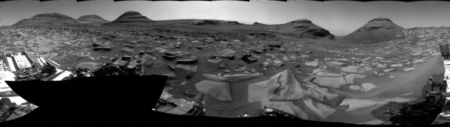 NASA's Mars rover Curiosity took 31 images in Gale Crater using its mast-mounted Right Navigation Camera (Navcam) to create this mosaic. The seam-corrected mosaic provides a 360-degree cylindrical projection panorama of the Martian surface centered at 245 degrees azimuth (measured clockwise from north). Curiosity took the images on September 02, 2022, Sol 3580 of the Mars Science Laboratory mission at drive 1170, site number 97. The local mean solar time for the image exposures was 2 PM. Each Navcam image has a 45 degree field of view. CREDIT: NASA/JPL-Caltech