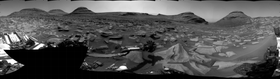 NASA's Mars rover Curiosity took 40 images in Gale Crater using its mast-mounted Right Navigation Camera (Navcam) to create this mosaic. The seam-corrected mosaic provides a 360-degree cylindrical projection panorama of the Martian surface centered at 245 degrees azimuth (measured clockwise from north). Curiosity took the images on September 11, 2022, Sols 3589-3580 of the Mars Science Laboratory mission at drive 1170, site number 97. The local mean solar time for the image exposures was 2 PM. Each Navcam image has a 45 degree field of view. CREDIT: NASA/JPL-Caltech
